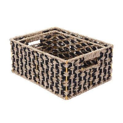 Villacera Rectangle Hand Weaved Wicker Baskets Made Of Water Hyacinth | Nesting Black And Natural Seagrass Bins | Set Of 2 3 Villacera Rectangle Hand Weaved Wicker Baskets Made Of Water Hyacinth | Nesting Black And Natural Seagrass Bins | Set Of 2