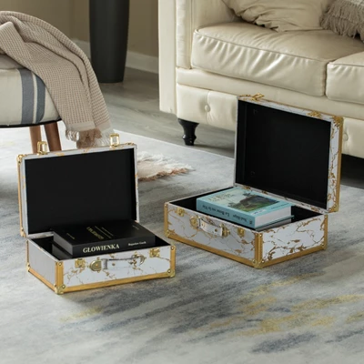 Vintiquewise Set Of 2 Luxury Marble White And Gold Hand Luggage Suitcase For Decor 4 Vintiquewise Set Of 2 Luxury Marble White And Gold Hand Luggage Suitcase For Decor - Image 2
