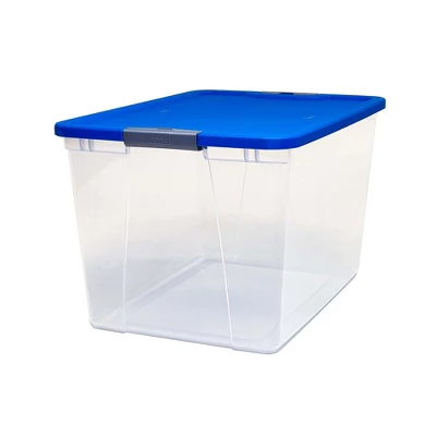 Homz 64 Quart Secured Seal Latch Extra Large Single Clear Stackable Storage Container Tote With Blue Lid For Home, Garage, Or Basement (2 Pack) 3 Homz 64 Quart Secured Seal Latch Extra Large Single Clear Stackable Storage Container Tote With Blue Lid For Home, Garage, Or Basement (2 Pack)