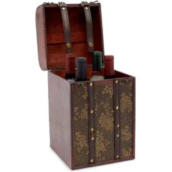 Okuna Outpost Wooden 4 Bottles Travel Wine For Storage Storage Bar Accessory, Flower Pattern, 8 X 8.5 X 13.8 In