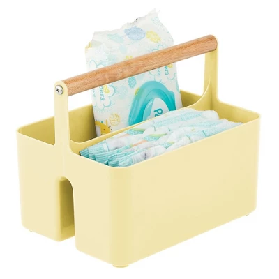 MDesign Plastic Portable Nursery Storage Caddy Tote With Wood Handle 5 MDesign Plastic Portable Nursery Storage Caddy Tote With Wood Handle - Image 3