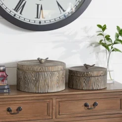 Set Of 2 Round Antique Bronze Metal Boxes With Bird Handled Lid - Olivia & May -Storage Basket Shop GUEST 37f91e3c 36b2 4478 9309 9ee8a9e69411