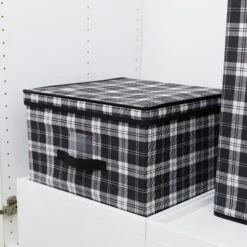 Home Basics Plaid Non-Woven Jumbo Storage Box With Label Window, Black