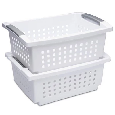 Sterilite Medium Size Plastic Stackable Storage Organizer Basket Bin For Home Countertops, Kitchen Cabinets, Pantries, Home Offices, White (10 Pack) 4 Sterilite Medium Size Plastic Stackable Storage Organizer Basket Bin For Home Countertops, Kitchen Cabinets, Pantries, Home Offices, White (10 Pack) - Image 2