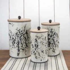 Set Of 3 Cream And Gray Floral Metal Decorative Storage Canisters - Foreside Home & Garden -Storage Basket Shop GUEST 3d627eed 8fff 47a3 b08b 619f7ab2926d