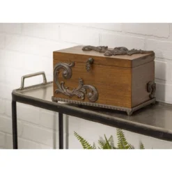 GG Collection Birch Wood Hinged-Lid Box With Metal Acanthus Leaf-Accent And Base.