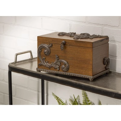 GG Collection Birch Wood Hinged-Lid Box With Metal Acanthus Leaf-Accent And Base. 3 GG Collection Birch Wood Hinged-Lid Box With Metal Acanthus Leaf-Accent And Base.