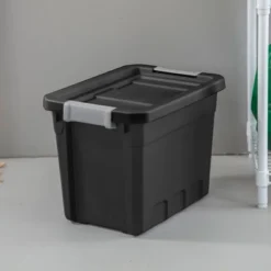 Sterilite 7.5 Gallon Stackable Rugged Industrial Storage Tote Containers With Gray Latching Clip Lids For Garage, Attic, Or Worksite, Black -Storage Basket Shop GUEST 4bdbbe4f 127a 42f8 b3c1 1881e42e3beb