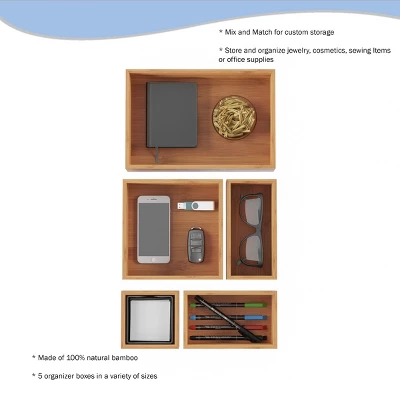 Drawer Organizer -5 Compartment Modular Natural Wood Bamboo Space Saver Tray Storage For Kitchen, Office, Bedroom And Bathroom By Hastings Home 4 Drawer Organizer -5 Compartment Modular Natural Wood Bamboo Space Saver Tray Storage For Kitchen, Office, Bedroom And Bathroom By Hastings Home - Image 2