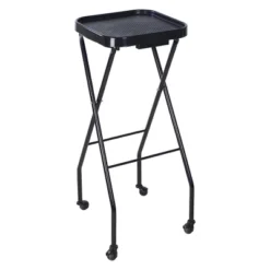 PureSana Chromium Professional Foldaway Portable Rolling Salon Service Tray With Adjustable Height And Rubber Caster Wheels, Black
