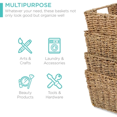 Best Choice Products Set Of 4 Multipurpose Stackable Seagrass Storage Laundry Organizer Baskets W/ Handles 4 Best Choice Products Set Of 4 Multipurpose Stackable Seagrass Storage Laundry Organizer Baskets W/ Handles - Image 2