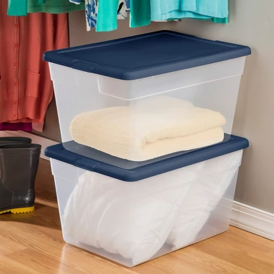 Sterilite Stackable 56 Quart Clear Home Storage Box With Handles And Marine Blue Lid For Efficient, Space Saving Storage And Organization (8 Pack) 5 Sterilite Stackable 56 Quart Clear Home Storage Box With Handles And Marine Blue Lid For Efficient, Space Saving Storage And Organization (8 Pack) - Image 3