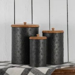 Set Of 3 Black Embossed Galvanized Metal Decorative Storage Canisters - Foreside Home & Garden -Storage Basket Shop GUEST c3c22df3 87ed 4e5d a912 95d4305eef92
