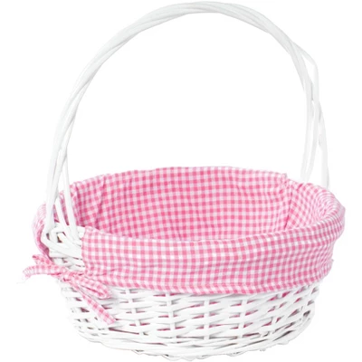 Wickerwise White Round Willow Gift Basket, With Gingham Liner And Handles 14 Wickerwise White Round Willow Gift Basket, With Gingham Liner And Handles - Image 12
