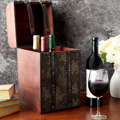 Okuna Outpost Wooden 4 Bottles Travel Wine For Storage Storage Bar Accessory, Flower Pattern, 8 X 8.5 X 13.8 In 4 Okuna Outpost Wooden 4 Bottles Travel Wine For Storage Storage Bar Accessory, Flower Pattern, 8 X 8.5 X 13.8 In - Image 2